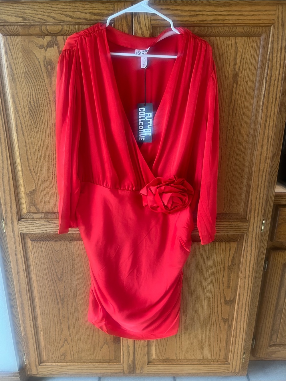 Red Surplice Long-Sleeve Dress with Floral Waist Accent